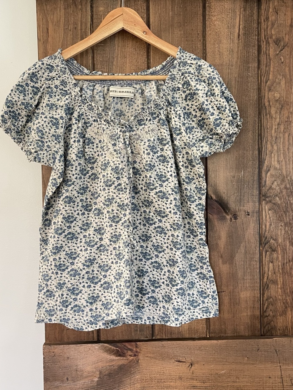 Bit & Bridle Floral Embroidered Smocked Peasant Top Western Boho Medium